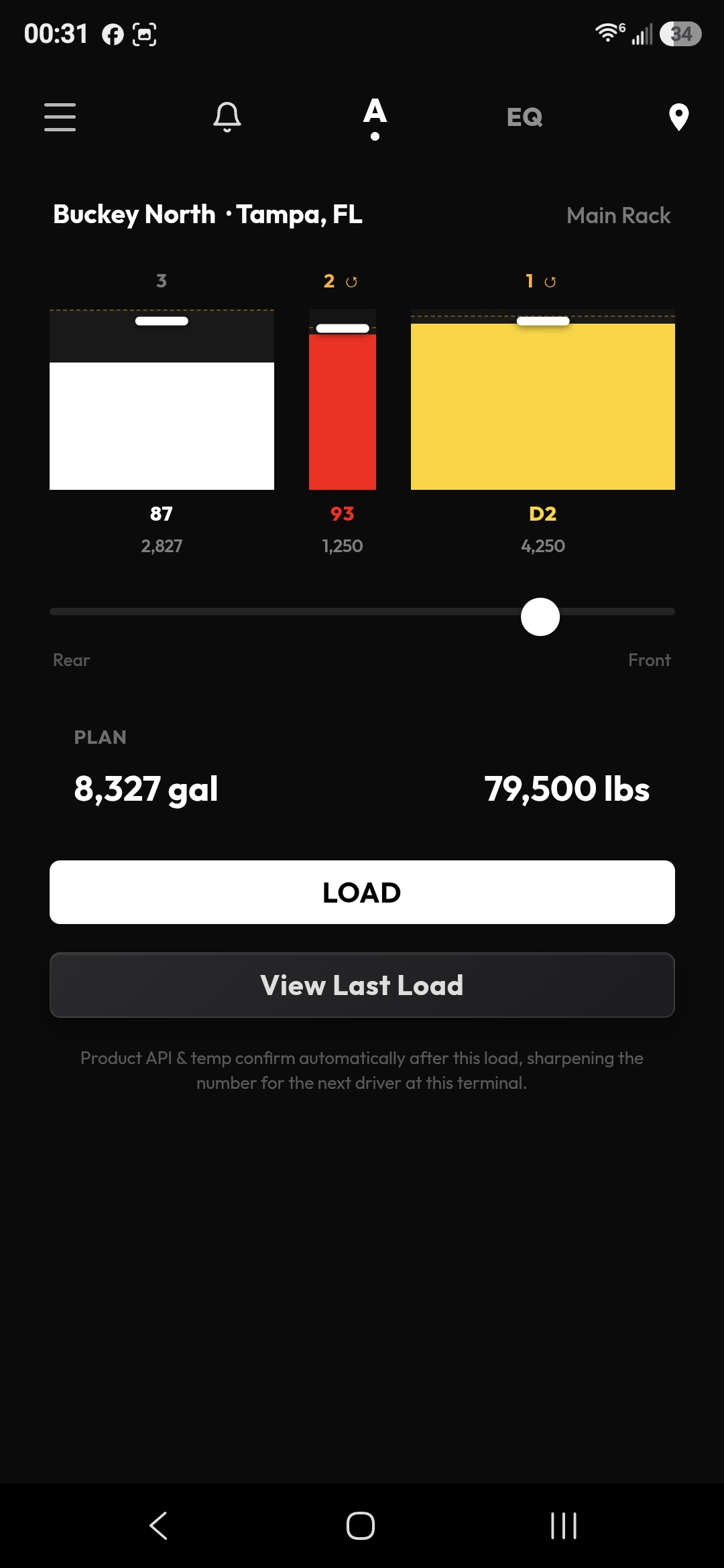 ProTankr planner screen, showing a real compartment load plan